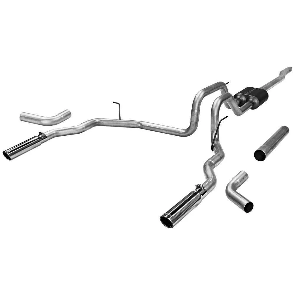 Flowmaster 04-08 Ford F-150/Lincoln Mark LT 4.6L/5.4L All WB 2/4 Wheel Drive 2.50in Outlets Super 40 Series Muffler 3.00in Logo Embossed Stainless Tips American Thunder Incl. Tube Extensions For DOR And DOS In Kit Mandrel Bent Tubing 16 Gauge Aluminized Ste