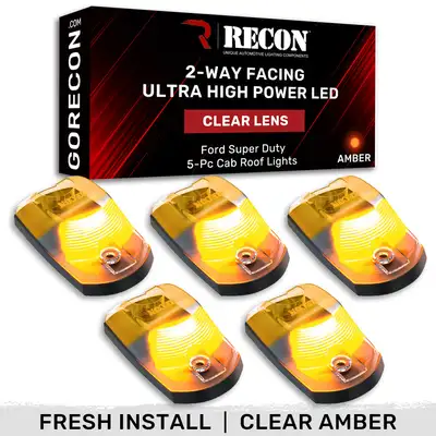 Recon Accessories Ford 17-23 Superduty 5-Piece Set Clear Cab Roof Light Lens With 2-Way Forward Rear Facing Amber Ultra High-Power Leds - Attn This Cab Light Set is For a Fresh Install on a Truck That Did Not Come With OEM Cab Roof Lights no Square Hole Required - on
