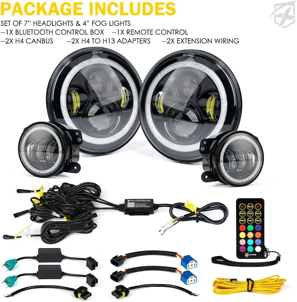 Xprite 7" Inch RGB Halo LED Headlights & 4" Fog Lights Led Combo For 2007-2018 Jeep Wrangler JK Jku product image