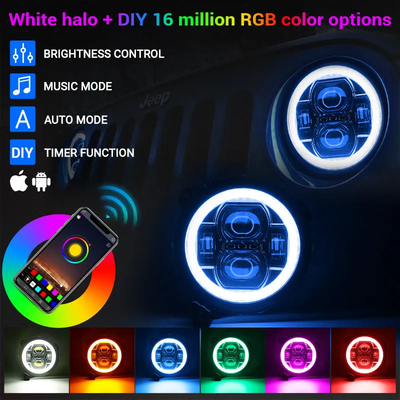 "9"" LED RGB Jeep Headlights with White Halo for 2018-2026 Wrangler JL & Gladiator JT" product image
