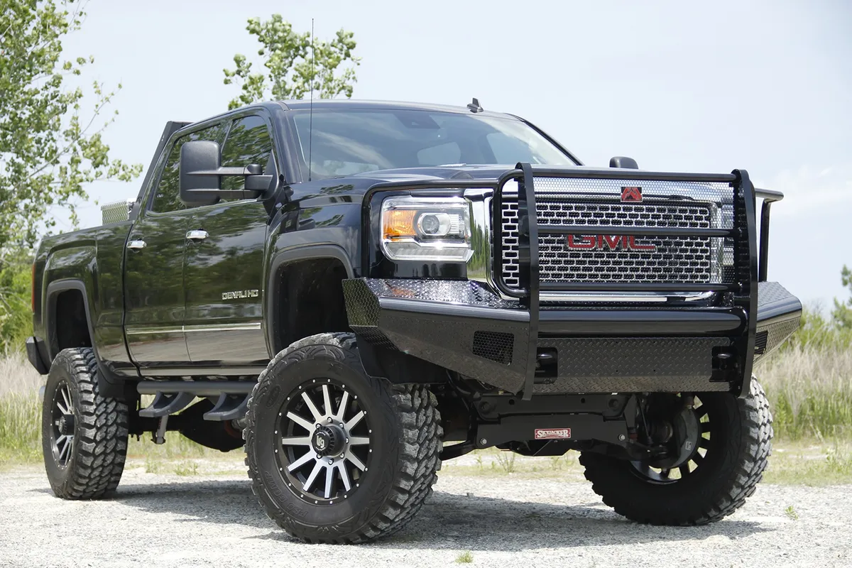 Black Steel Front Ranch Bumper; 2 Stage Black Powder Coated; w/Full Grill Guard; Incl. Light Cut-Outs; product image