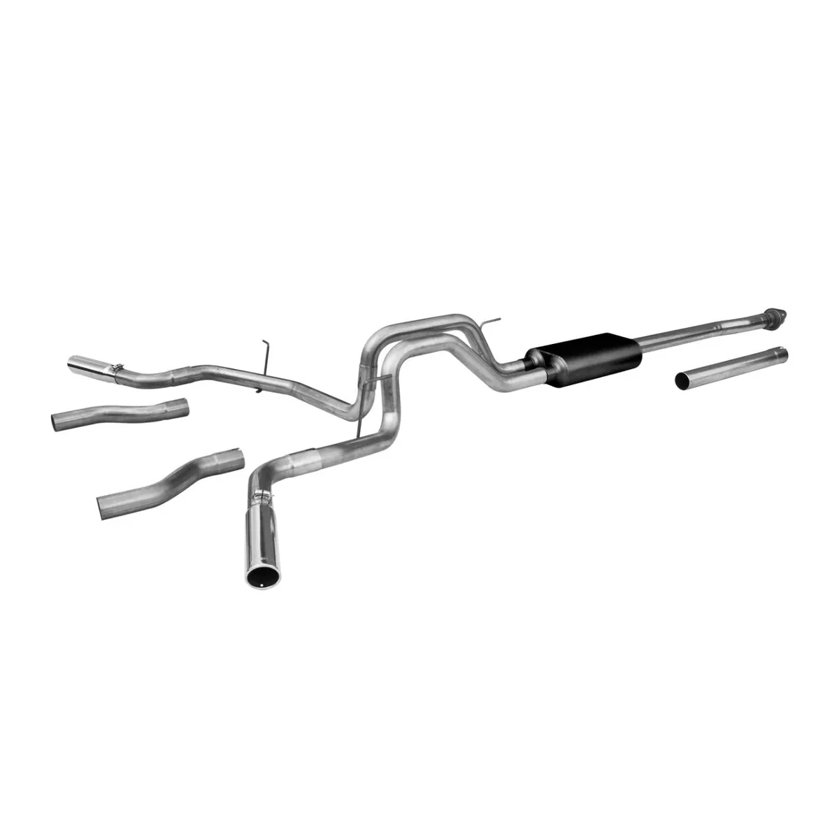 09-13 Ford F-150 4.6L/5.0L/5.4L All WB 2/4 Wheel Drive 2.50in Outlets Super 50 Series Muffler 3.00in Logo Embossed Stainless Tips Force II Incl. Tube Extensions for DOR and DOS in Kit Mandrel Bent Tubing 409S Stainless Steel product image
