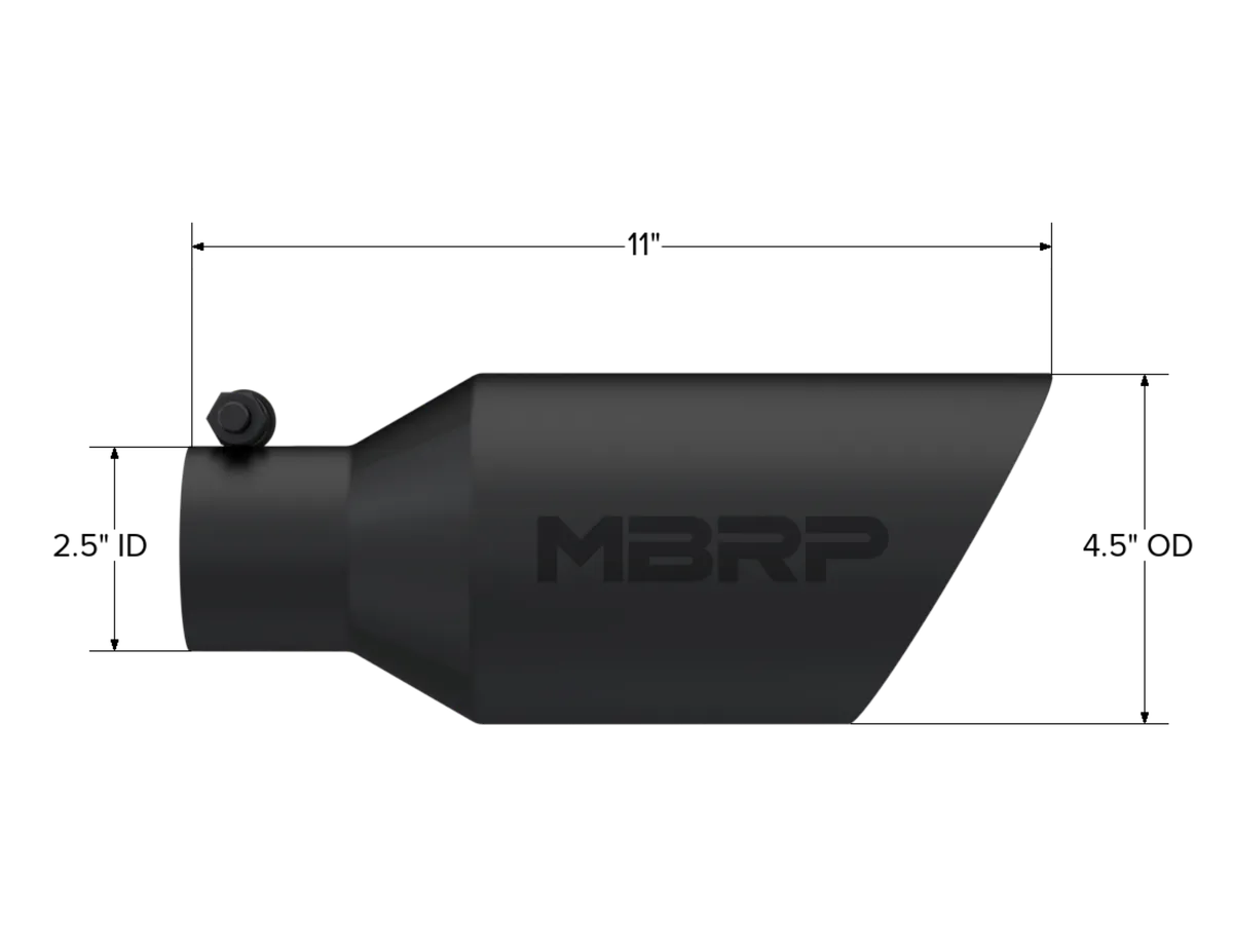 Armor BLK Exhaust Tip; 2.5 in. Inlet Diameter; 4.5 in. Outlet Diameter; 11 in. Length; Dual Wall; Angled Rolled End; T304 Stainless Steel; Black Coated; product image