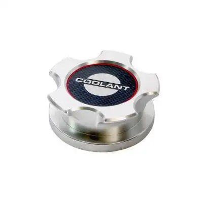 Drake Muscle Coolant Reservoir Over Flow Cap Cover; Billet Aluminum; Black Carbon Fiber Pattern; Raised Letters;