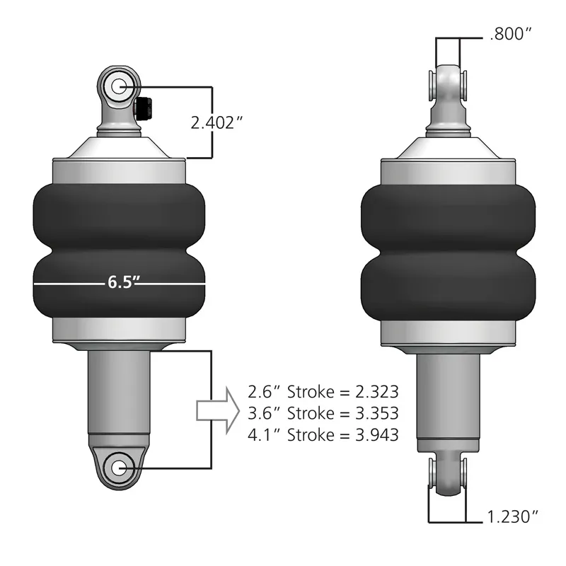 Front HQ Shockwaves 1000 Series W/ 3.6 Inch Stroke, 1.7 Inch Eye Pair Of Rebound Adjustable Shock waves 6.5 Inch Double Convoluted W/ 1/4 Inch Fittings, Bearing Spacers 1/2 Inch And 5/8 Inch 10 Inch X 13 Inch W/ A 11.5 -11.75 Inch Ride Height Ridetech product image