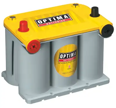 OPTIMA YellowTop® Deep Cycle Battery; UNBOXED; Grp. D75/25; Cold Crank Amp 620; Crank Amp 770; Reserve Cap. 100; Amp Hour 48; Dual Terminal; L-9 5/16 in.; W-6 13/16 in.; H-7 5/8 in.;