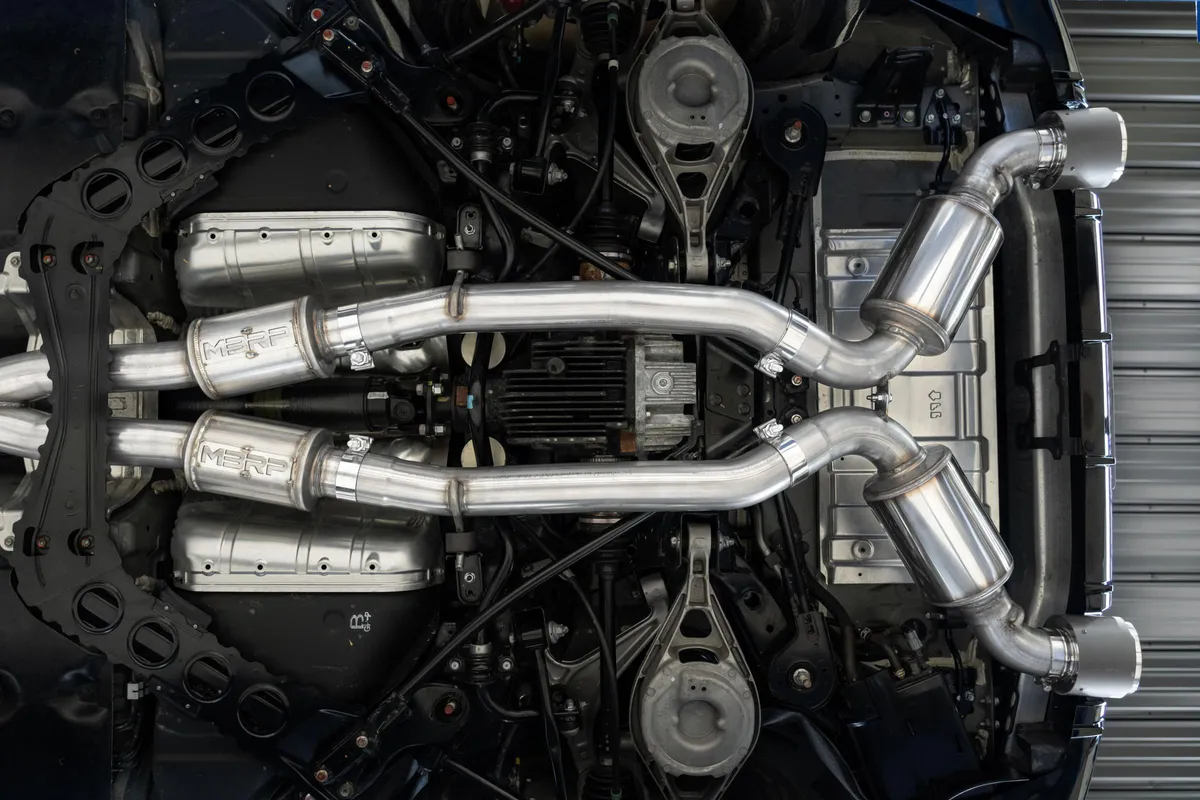 Armor Pro Cat Back Exhaust System; 3 in.; Incl. Front Pipe/X Pipe/Tailpipes/Mufflers/Hardware/5 in. OD Tips; Dual Rear Exit; 304 Stainless Steel; product image