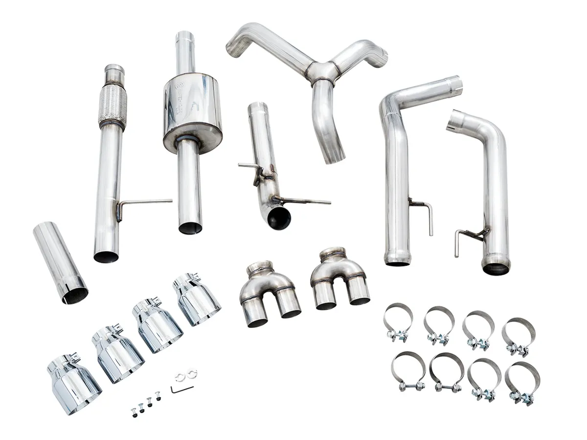 AWE 0FG Catback Split Rear Exit Exhaust for 4th Gen Silverado/Sierra 1500 5.3L (With Bumper Cutouts) - Quad Chrome Silver Tips product image