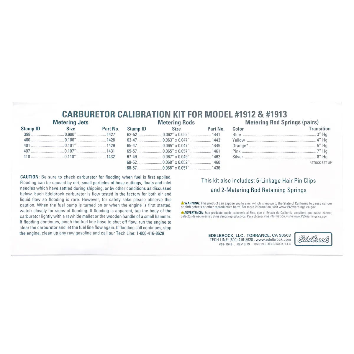 Edelbrock 1949 Edelbrock AVS2 Series Carburetor Calibration Kit #1949 product image