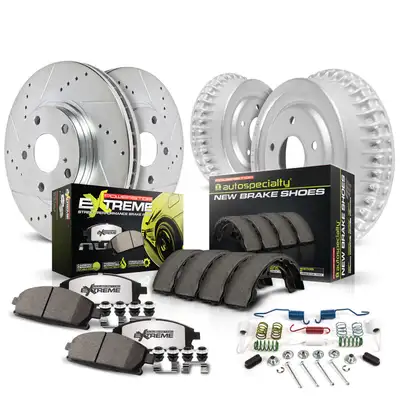 PowerStop Z26 Street Warrior Upgrade Kit: Drilled/Slotted Rotors; Carbon-Fiber Ceramic Pads W/Hardware; Coated Drums; Shoes W/Hold Down And Adjuster Kit