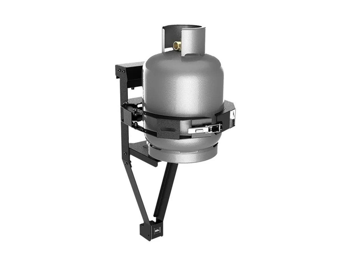 Gas/Propane Bottle Holder; Incl. Gas Bottle Frame; Base Plate; Adjustable Gas Bottle Clamp; Black Powder Coated; product image