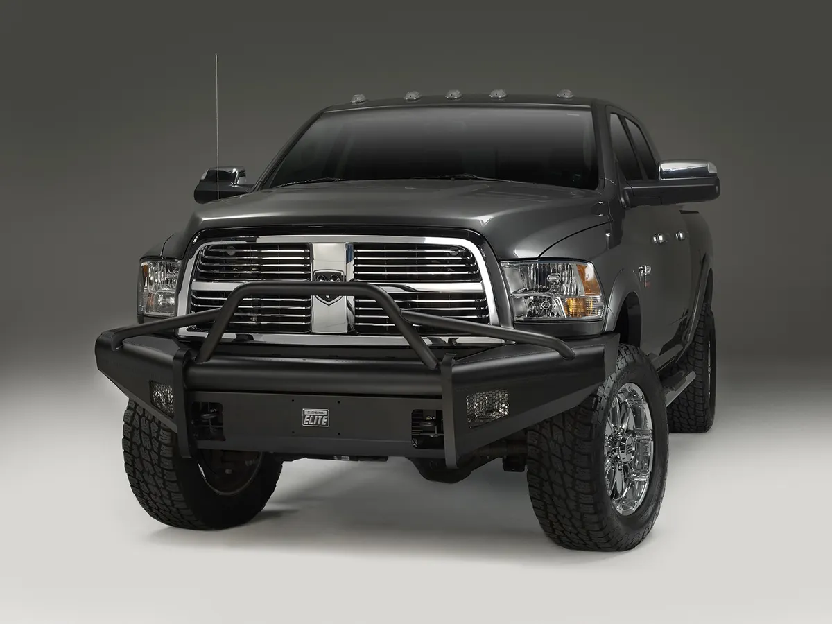 Fab Fours Elite Front Bumper; 2 Stage Black Powder Coated; w/Pre-Runner Grill Guard; Incl. Light Cut-Outs;