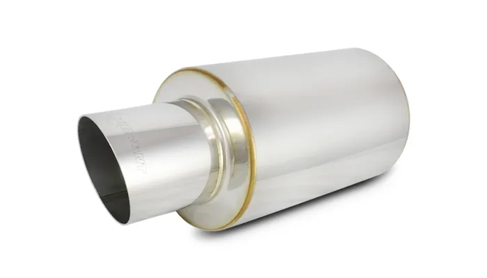 TPV Muffler; 4 in. Round Angle Cut Tip; 3 in. Inlet ID; 5 in. L-Tip; 17 in. Overall L; 4 in. OD; 10 in. Muffler Body L; Stainless Steel; product image