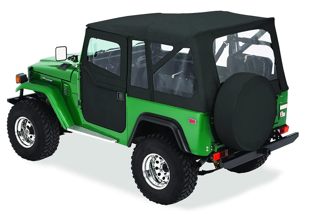 Bestop Black Denim Supertop Classic Supertop Classic Replacement Soft Top Toyota 64-84 Land Cruiser; No doors included; order Bestop 51774-15 2-pc. Fabric Door Set; Clear side and rear windows