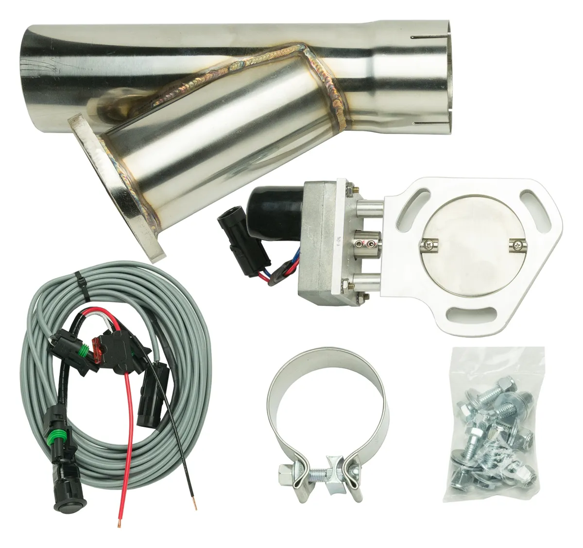 Y Exhaust Electric Dump Cutout 3 in Hardware Incl Natural Aluminum And 304 Stainless Steel Pypes Exhaust product image