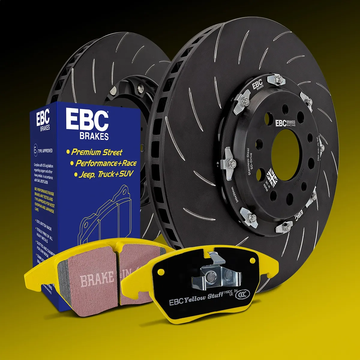 EBC Brake Pad Disc Rotor Kit; Set Of Yellowstuff Brake Pads/2-Piece Fully-Floating Brake Discs; product image