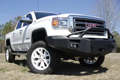 Fab Fours Premium Winch Front Bumper; 2 Stage Black Powder Coated; w/Pre-Runner Grill Guard; Incl. 90mm Fog Lamps/60mm Turn Lights; D-Ring Mounts;