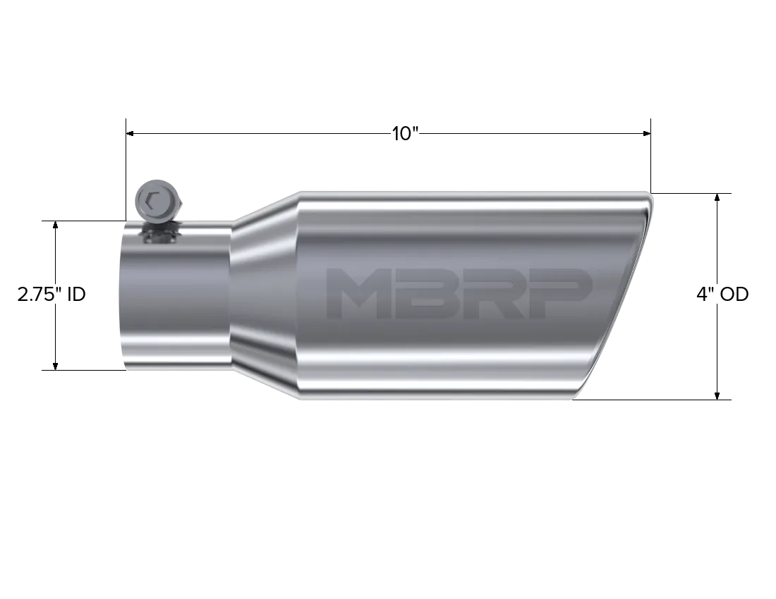 Armor Pro Exhaust Tip; 2.75 in. Inlet Diameter; 4 in. Outlet Diameter; 10 in. Length; Angled Rolled End; T304 Stainless Steel; Mirror Polished; product image