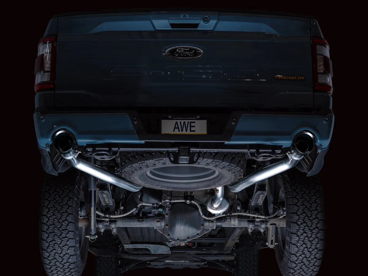 AWE 0FG Resonated Catback for 21 Ford F-150 Tremor (With Bumper Cutouts) - Chrome Silver Tips 3015-32402 product image