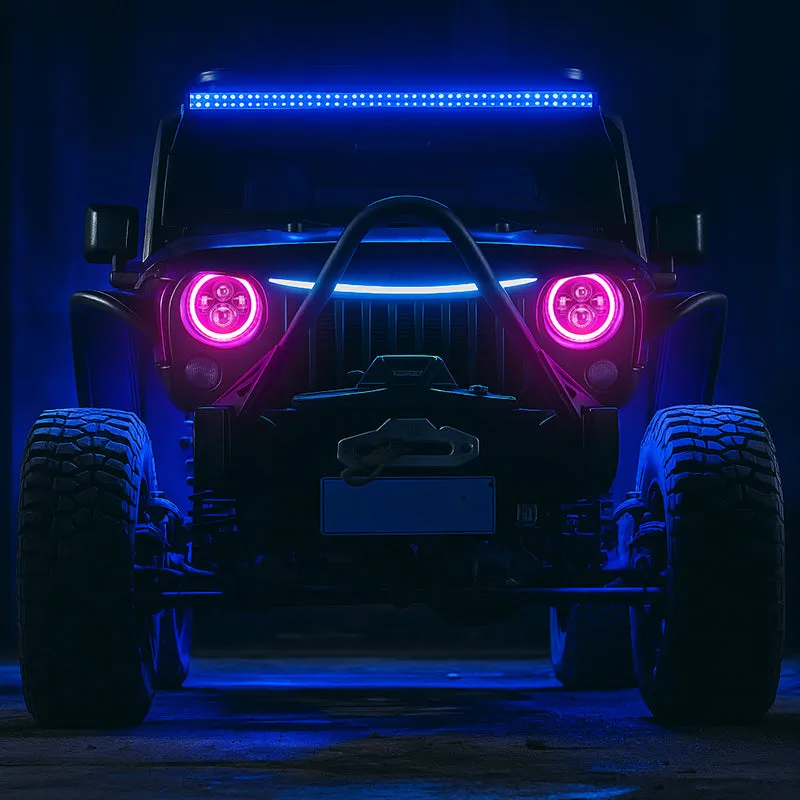 "7"" Jeep Wrangler LED Headlights with RGB Halo App Or Remote Control for 1997-2018" product image