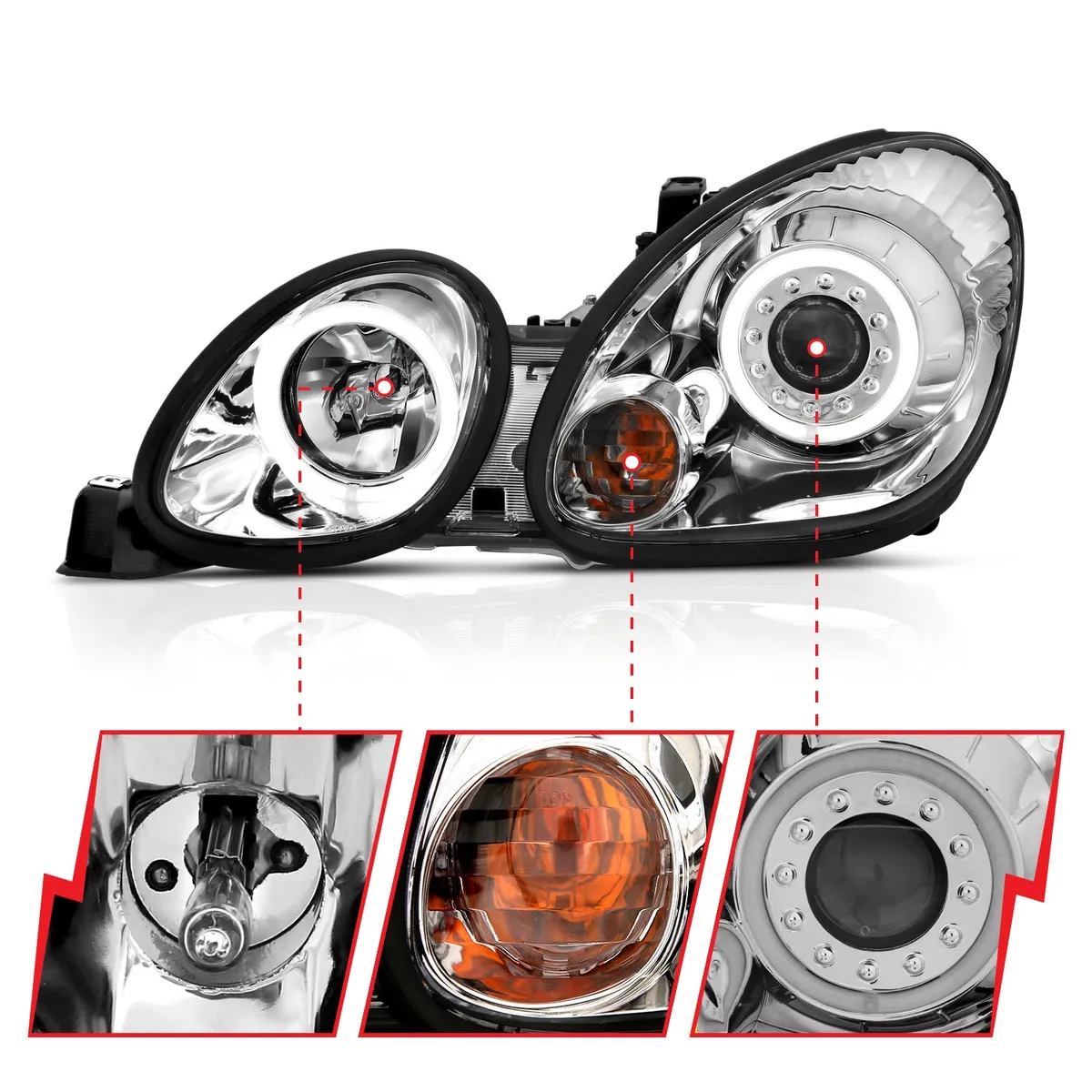 Projector Headlight Set w/Halo; Clear Lens; Chrome Housing; Pair; CCFL; For Use w/Non HID Models Only; product image