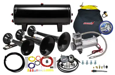 Kleinn Automotive Accessories Pro Blaster™ Triple Horn Kit; Black; Includes Horns PN[230]/ 150 PSI Waterproof 100% Duty Cycle Air Compressor PN[6350RC]/ 3.0 Gallon Air Tank PN[6350RT];