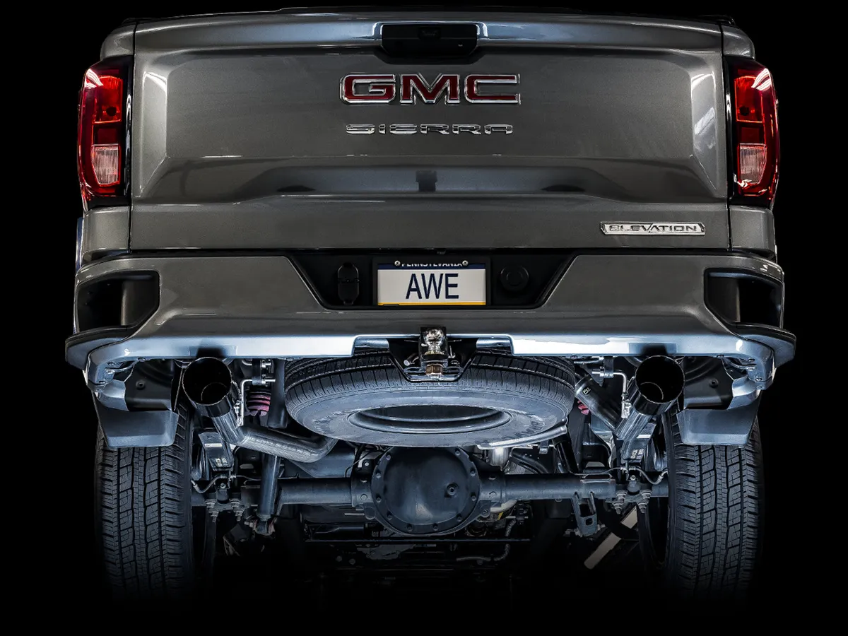 AWE 0FG Catback Split Rear Exit Exhaust for 4th Gen Silverado/Sierra 1500 5.3L (With Bumper Cutouts) - Quad Chrome Silver Tips product image