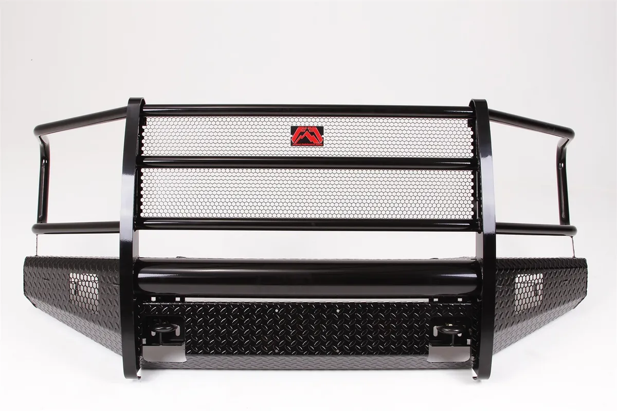 Fab Fours Black Steel Front Bumper; 2 Stage Black Powder Coated; w/Full Grill Guard And Tow Hooks;