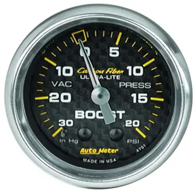 AutoMeter Gauge, Vac/Boost, 2 1/16", 30inHg-20psi, Mechanical, Carbon Fiber