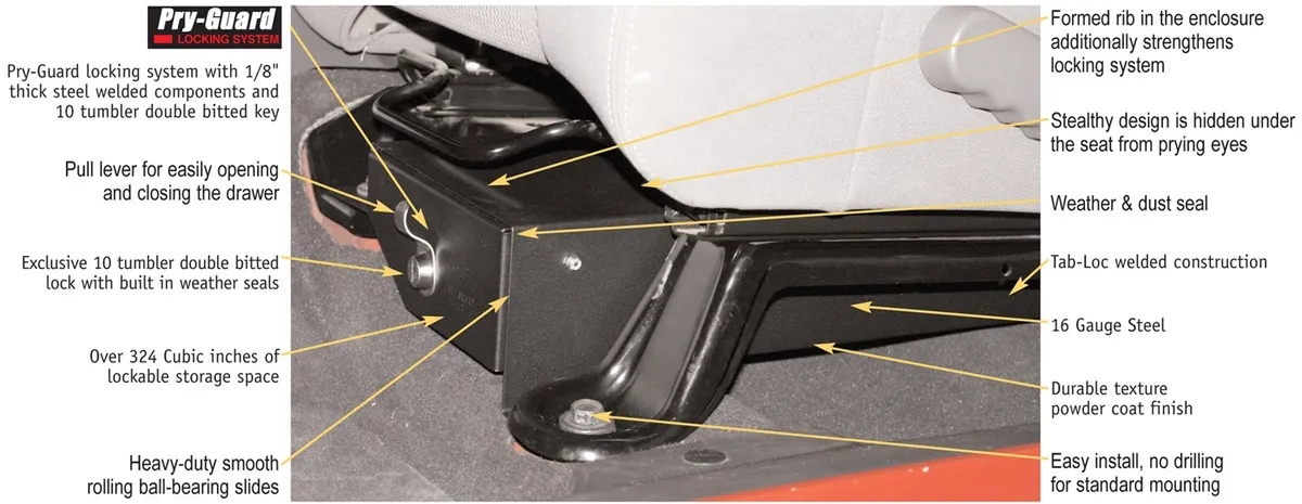 Front Driver Side Underseat Drawer - '07-18 Wrangler JK 4-Door; '07-11 Wrangler JK 2-Door w/o Flip Seat (Black; Standard Key) product image