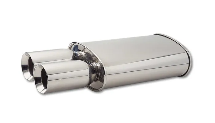 Vibrant Performance STREETPOWER Oval Muffler; Dual 3.5 in. Round Bevelled Tip; 3 in. Inlet ID; 8 in. L-Tip; 5 in. H; 9 in. W; 15 in. Body L; 23 in. Overall L; 3.5 in. OD; 3.75 Center To Center;