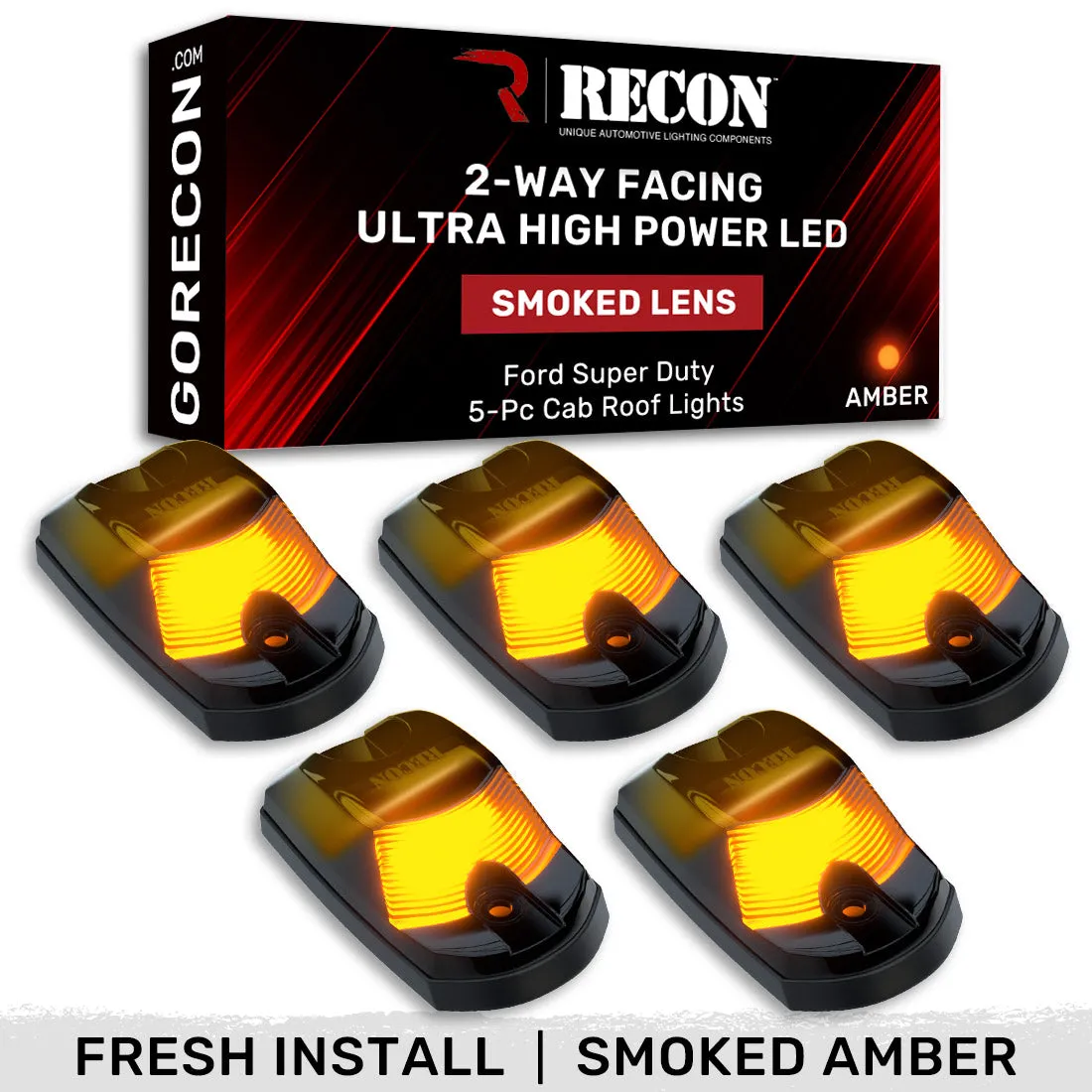 Ford 17-23 Superduty 5-Piece Set Smoked Cab Roof Light Lens With 2-Way Forward Rear Facing Amber Ultra High-Power Leds - Attn This Cab Light Set is For a Fresh Install on a Truck That Did Not Come With OEM Cab Roof Lights no Square Hole Required - o product image