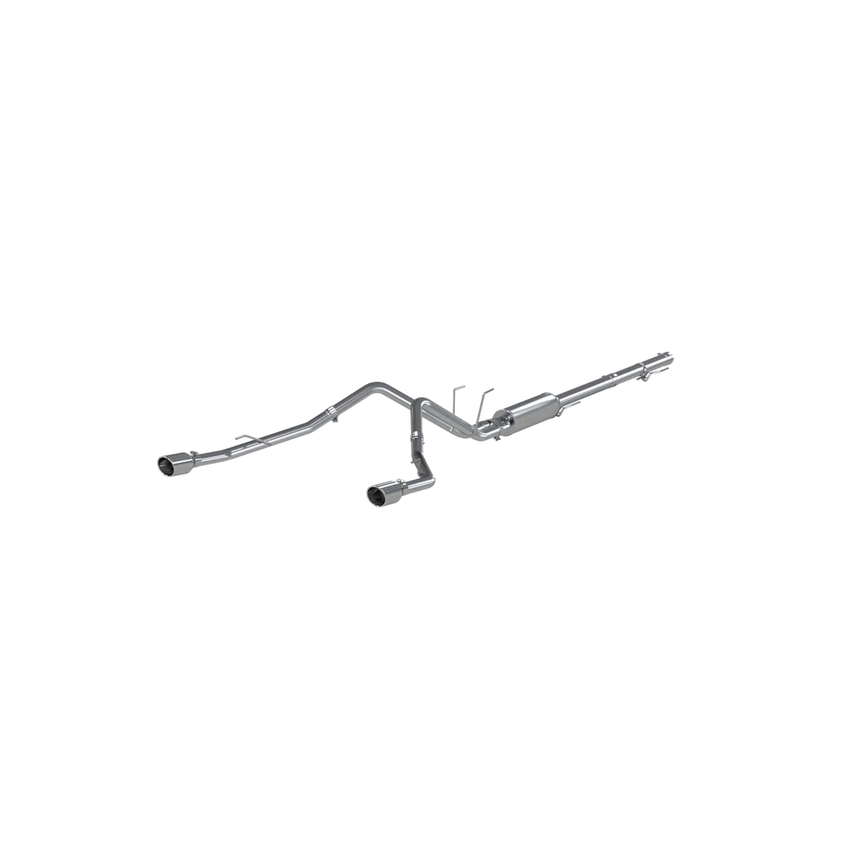 Armor Plus Cat Back Exhaust System; 2.5 in.; Incl. Front Pipe/Ext. Pipe/Muffler/Over Axle Pipe/Tailpipe/Hrdw./4.5 in. OD Tip; Dual Split Rear Exit Thru Bumper; 409 StainlessSteel; product image