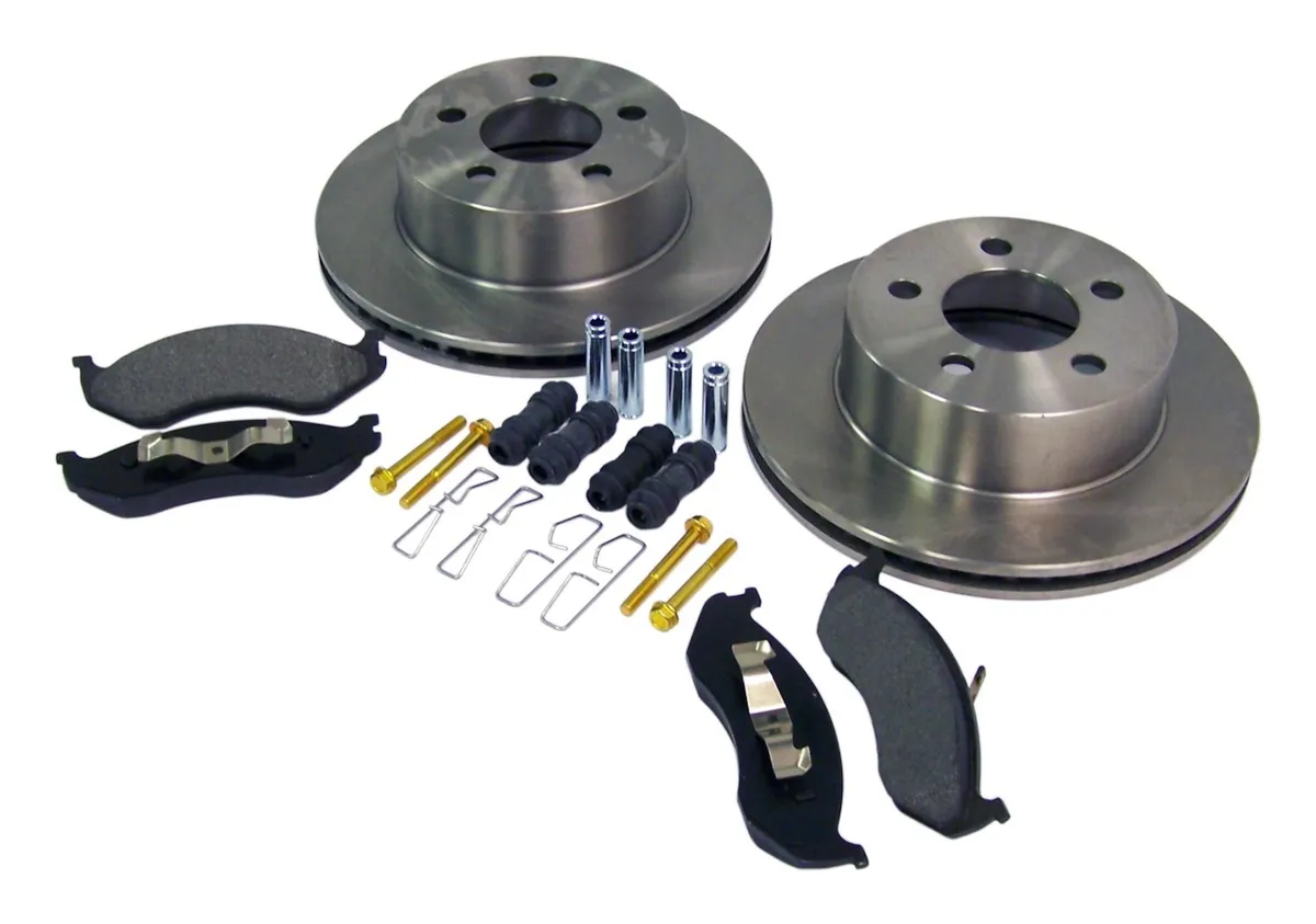 1999-2001 Cherokee XJ w/ 1-piece cast rotor; Front; Kit includes: 2 Brake Rotors 1 Pad Set and all necessary hardware. 1999-2006 Wrangler TJ w/ 1-piece cast rotor; Front; Kit includes: 2 Brake Rotors 1 Pad Set and all necessary hardware. product image