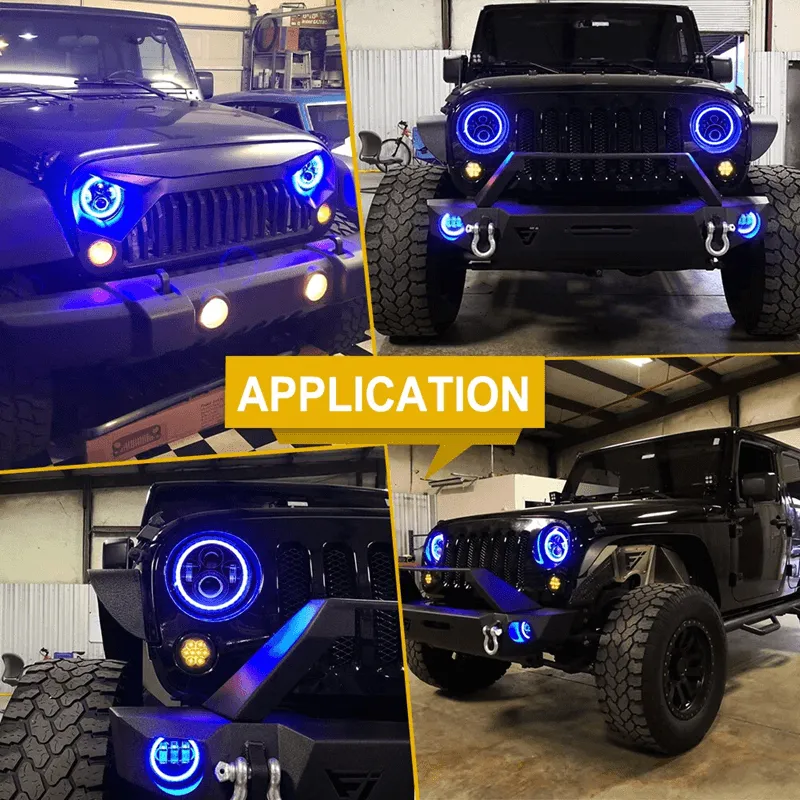 LED RGB Color Changing Halo Headlights with Amber Turn Signal + Fog Light Kit Combo For 2007-2018 Jeep Wrangler JK product image