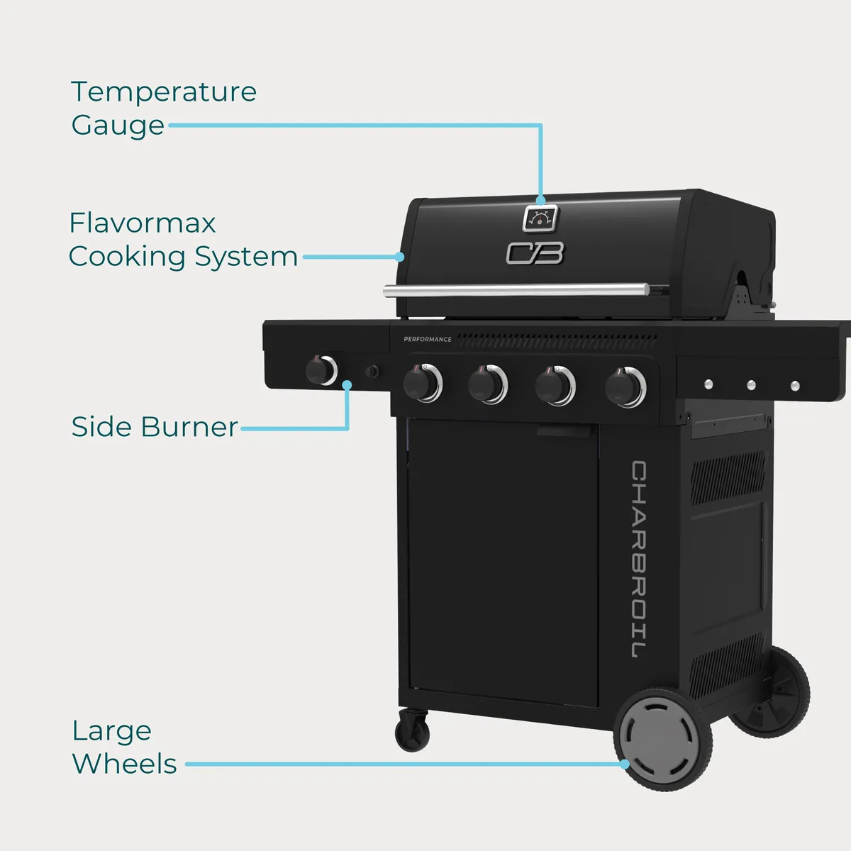 Performance Series™ FlavorMax™ 4 Burner Gas Grill Cabinet with Side Burner Black Stainless product image