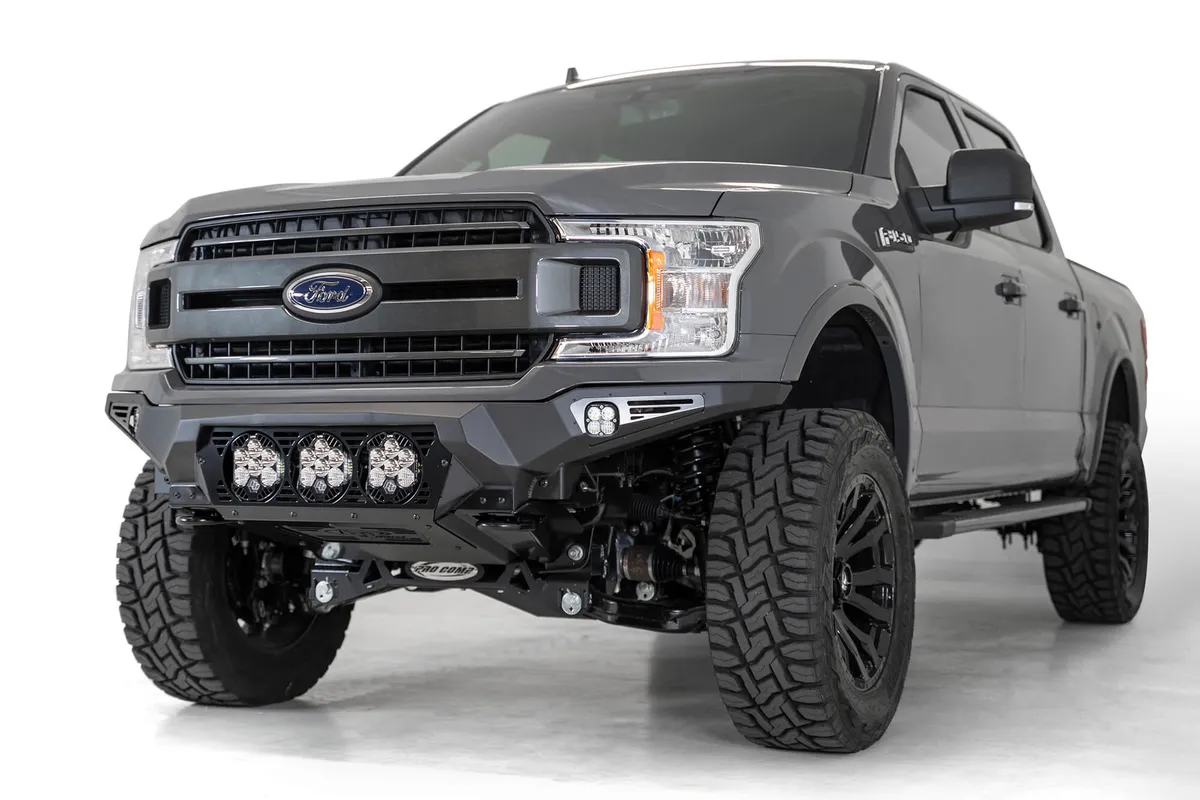 Ford F-150 Bomber Front Bumper with 3 Baja Designs LP6 Mounts and Dually Mounts on Sides in Hammer Black with Satin Black panels product image