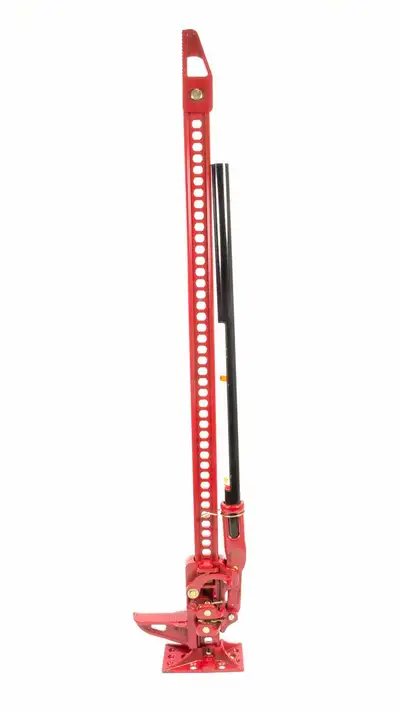 Hi-lift Jack 48 All Cast Model 7000 lb. Capacity 4660 Rated Capacity. Red Jack with a Black Handle.