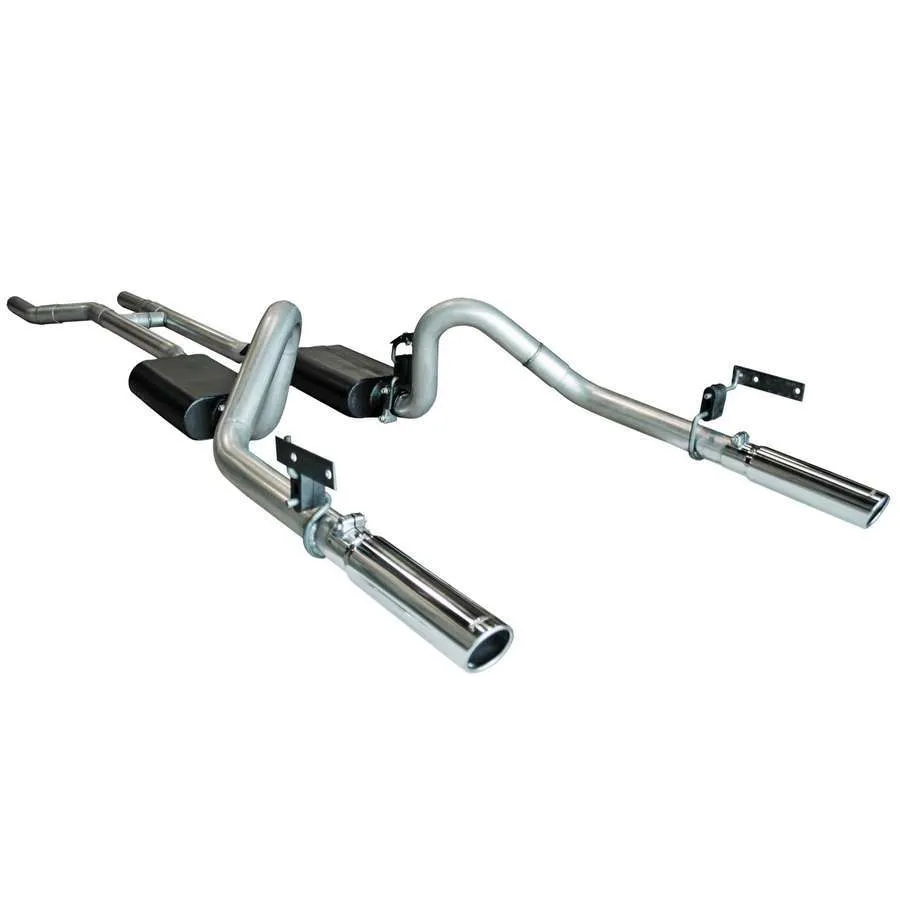 Flowmaster 67-70 Ford Mustang Header-back Super 44 Mufflers Mandrel Bent 2.5in. 16 Gauge Tubing 3in.Polished T304 Stainless Steel Tips DOR American Thunder 409S Stainless Steel (exits through factory valance cut outs does not fit convertibles or cars with s