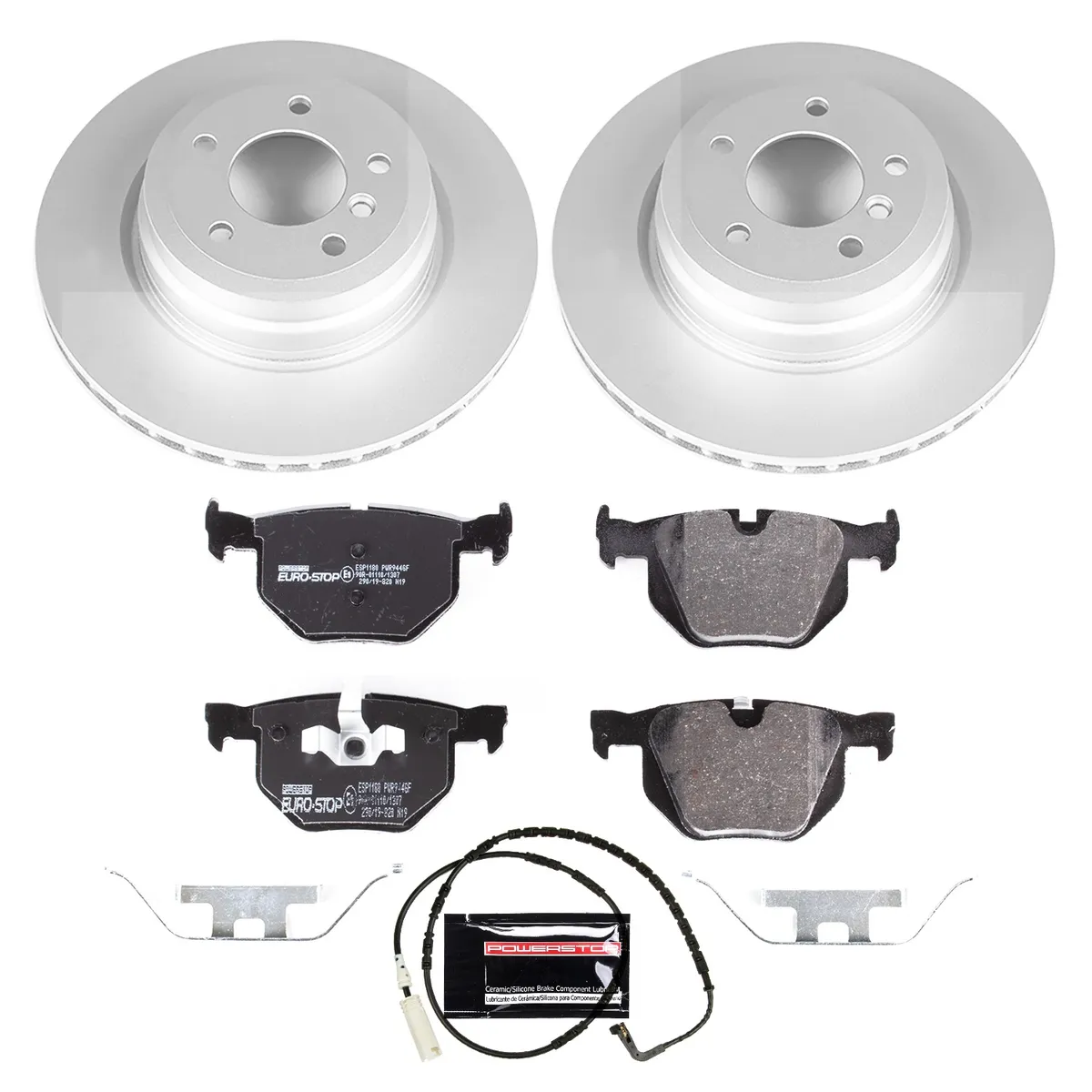 Euro-Stop Kit: Genuine Geomet Fully Coated Rotors; Ece-R90 Certified Pads W/Hardware; Pad Sensors product image