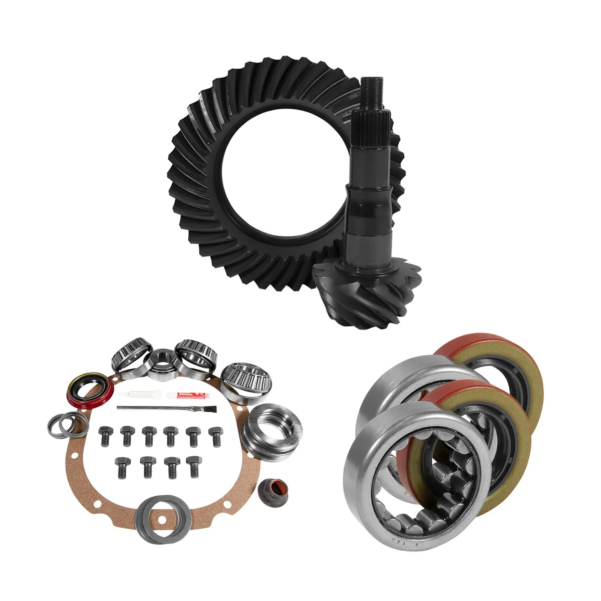 8.8 Inch Ford 3.73 Rear Ring & Pinion Install Kit 2.25 Inch OD Axle Bearings & Seals 8.8 Ford 3.73 Rear R&P Gear/ Install Kit Package With Ak 1563 Axle Bearings (2.25 Inch Od) Yukon Gear product image