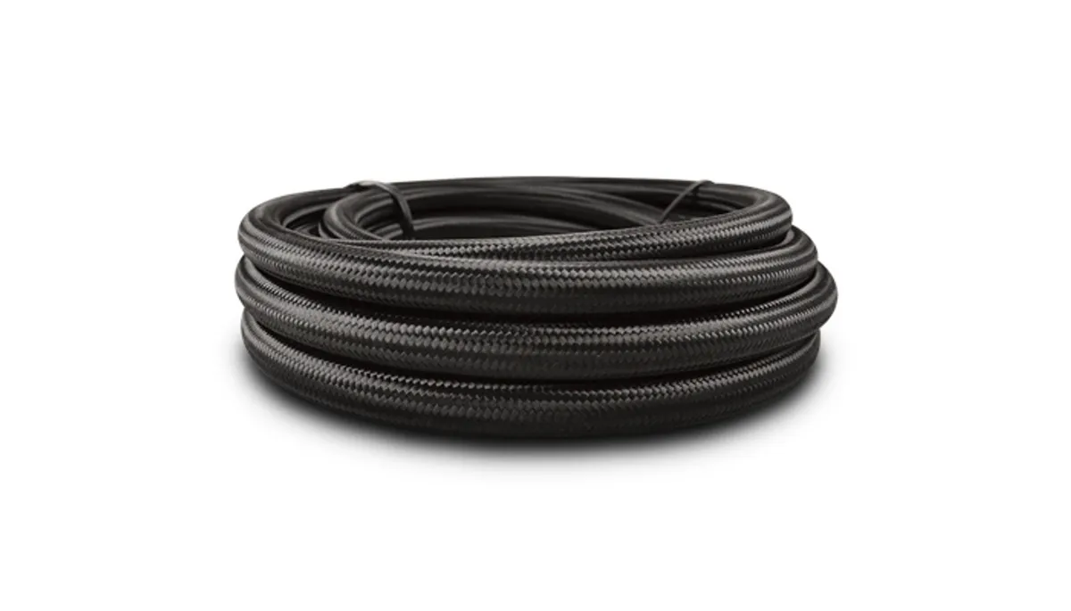 Vibrant Performance Nylon Braided Flex Hose; -16AN; 0.875 in. Hose ID; 1.031 in. Hose OD; 15.75 in. Bend Radius; 1000 PSI Operating Pressure; 3000 PSI BP; 20ft. Roll; Black; w/PTFE Liner;