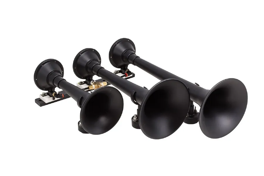 Kleinn Automotive Accessories Black Triple Horn; 18.25 in. / 14.75 in. / 10 in. Trumpets; XCR2.0 Coated Zinc Alloy;
