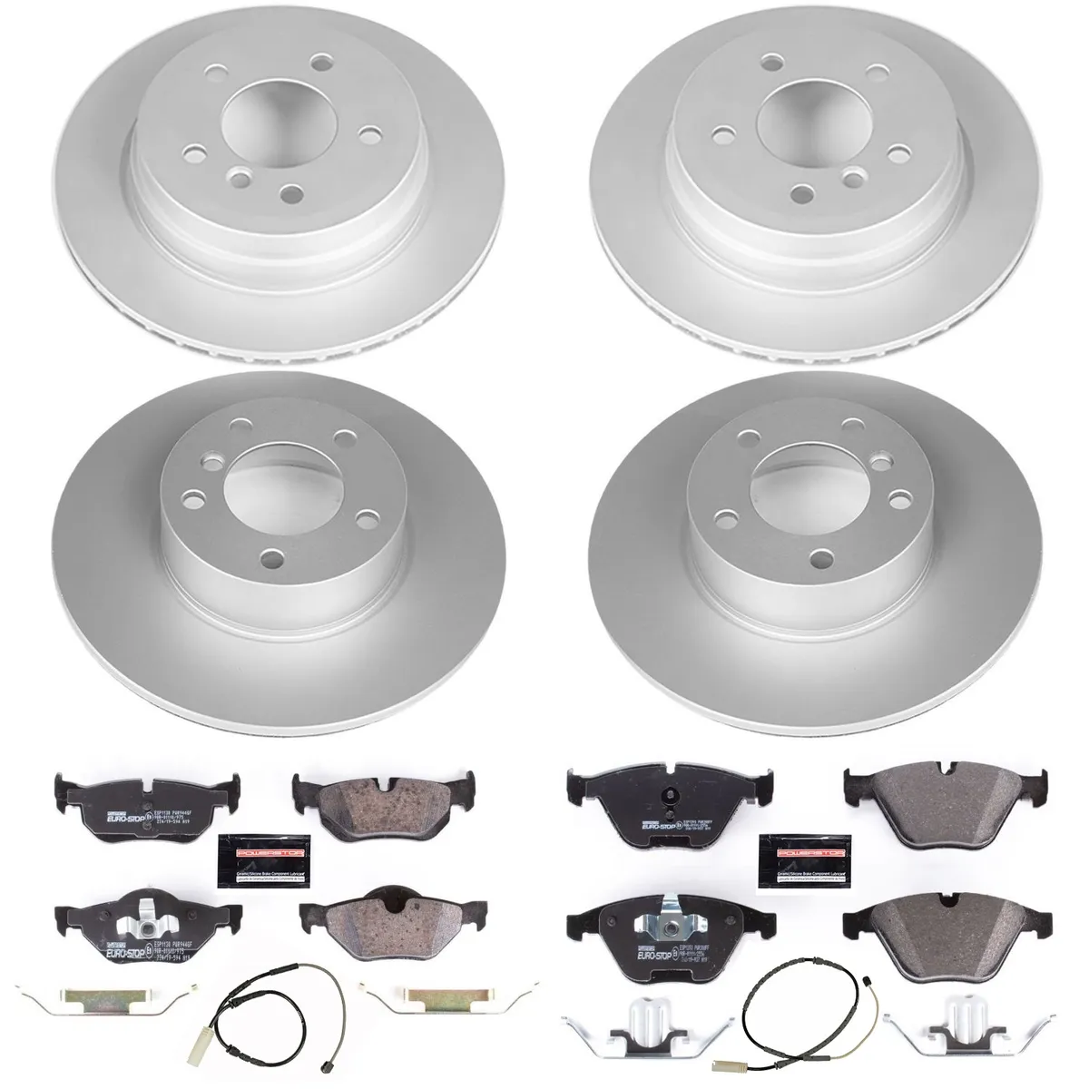 Euro-Stop Kit: Genuine Geomet Fully Coated Rotors; Ece-R90 Certified Pads W/Hardware; Pad Sensors product image