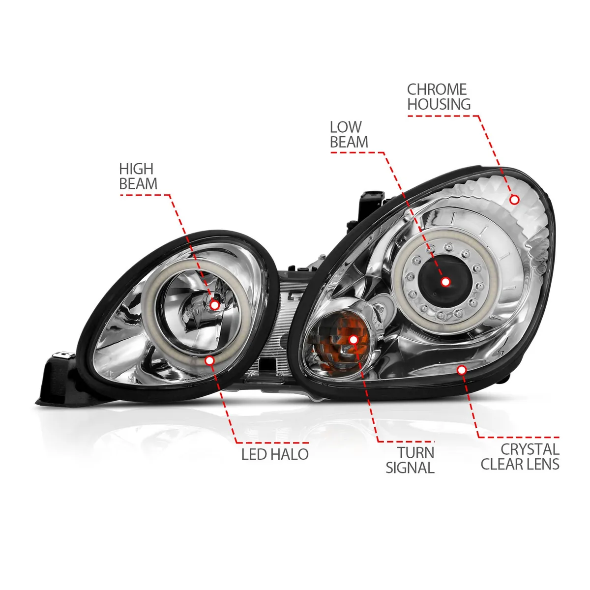 Projector Headlight Set w/Halo; Clear Lens; Chrome Housing; Pair; CCFL; For Use w/Non HID Models Only; product image