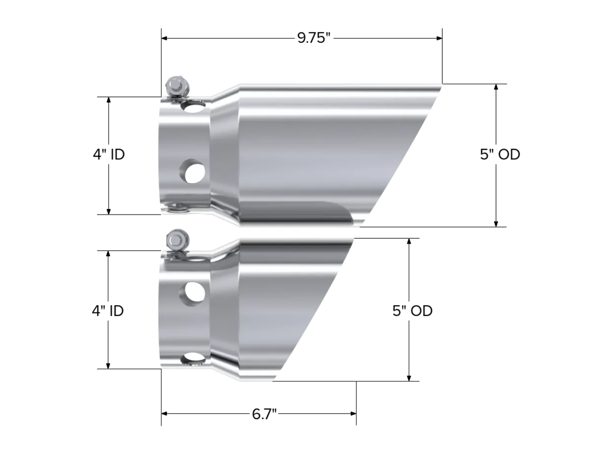 Armor Pro Exhaust Tip; Set of 2; 4 in. Inlet Diameter; 5 in. Outlet Diameter; 1-6.75 in. Length/1-9.75 in. Length; T304 Stainless Steel; Mirror Polished; product image
