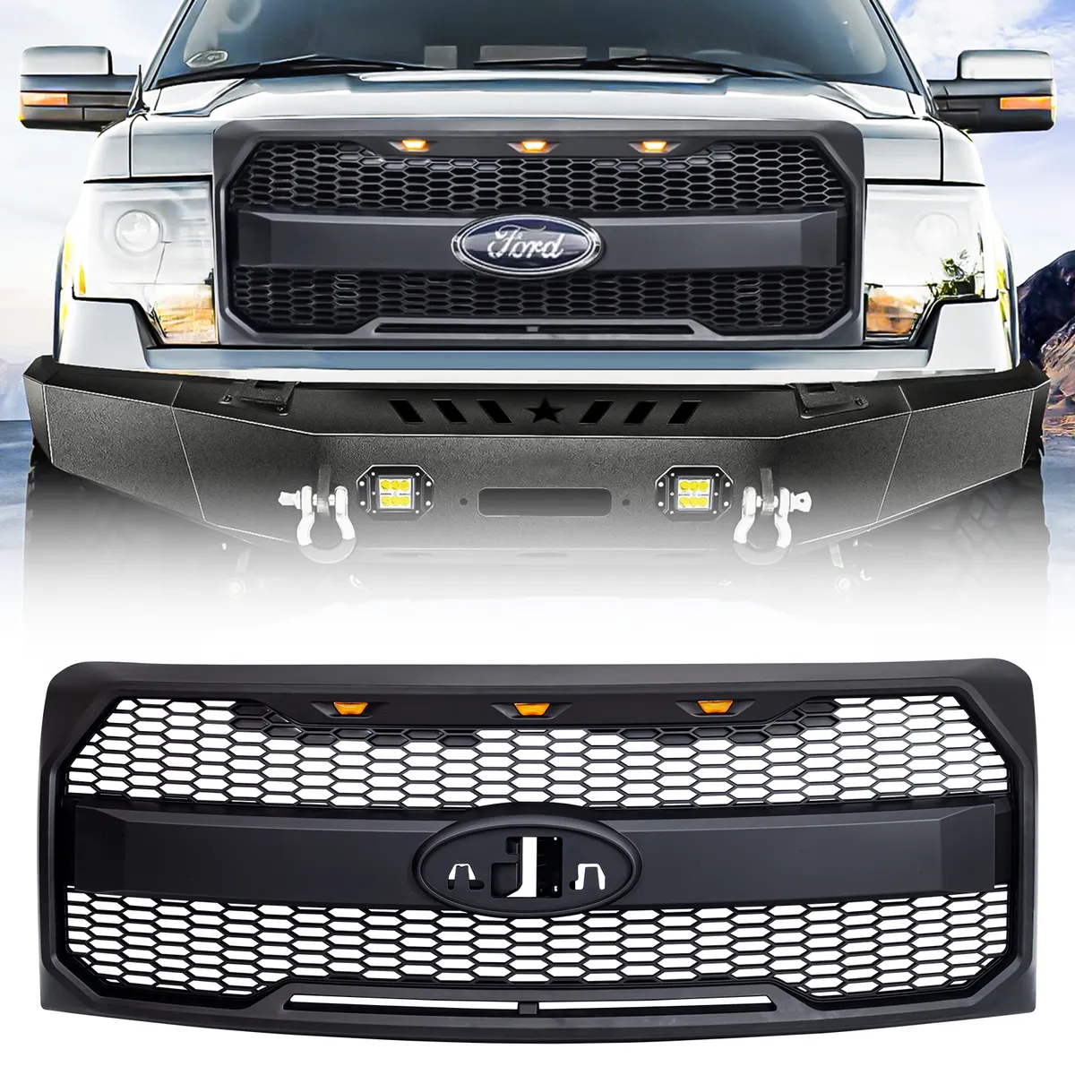American Modified Amfmaa00159 Raptor Style Grille w/ Amber Lights& Emblem Holder, Matte Black product image