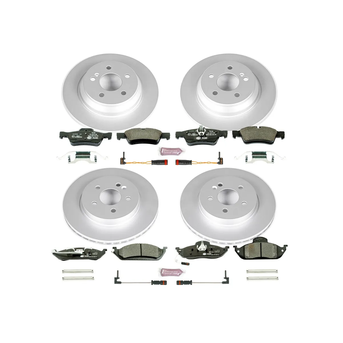 Euro-Stop Kit: Genuine Geomet Fully Coated Rotors; Ece-R90 Certified Pads W/Hardware; Pad Sensors product image