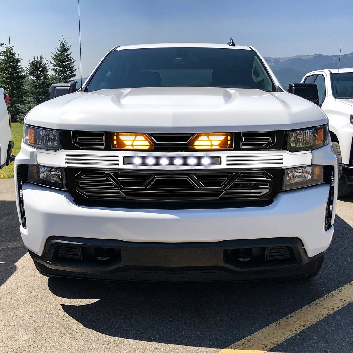 Armor Front Grille W/ Off-Road Lights & Amber Lights - Chrome Glossy Black For 2019-2022 Chevy Silverado 1500 product image