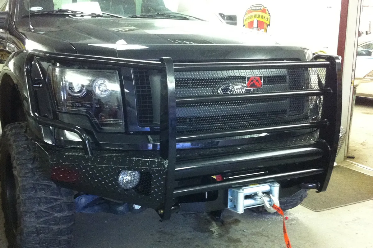 Black Steel Front Ranch Bumper; 2 Stage Black Powder Coated; w/Full Grill Guard; Incl. Light Cut-Outs; product image